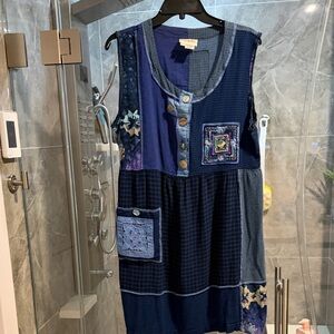 Vintage Charity Lagenlook Blue Patchwork Sleeveless Dress Size L